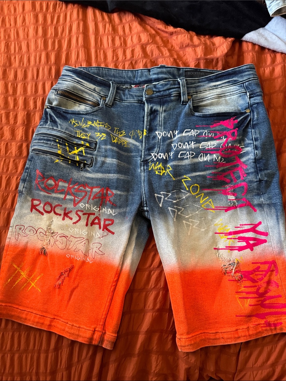 Rockstar Men's Graffiti Dip-Dye Denim Shorts in Orange and Blue